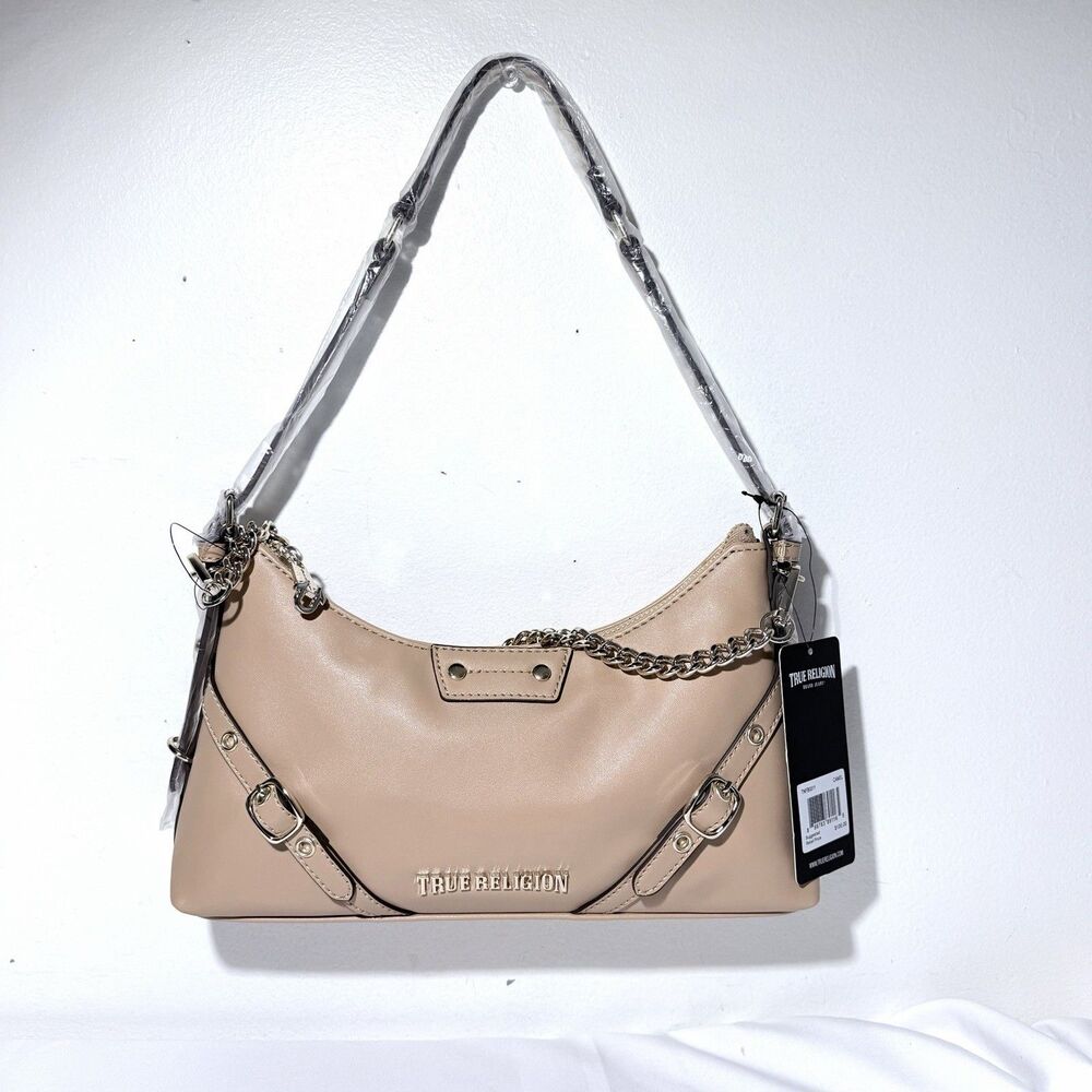 True Religion Beige, Smooth Belted Shoulder Bag Golden Chain & Logo NWT